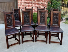Antique French Set of 8 Chairs Gothic Revival Carved Oak 19th C