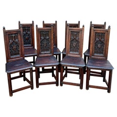 Antique French Set of 8 Chairs Gothic Revival Carved Oak 19th C