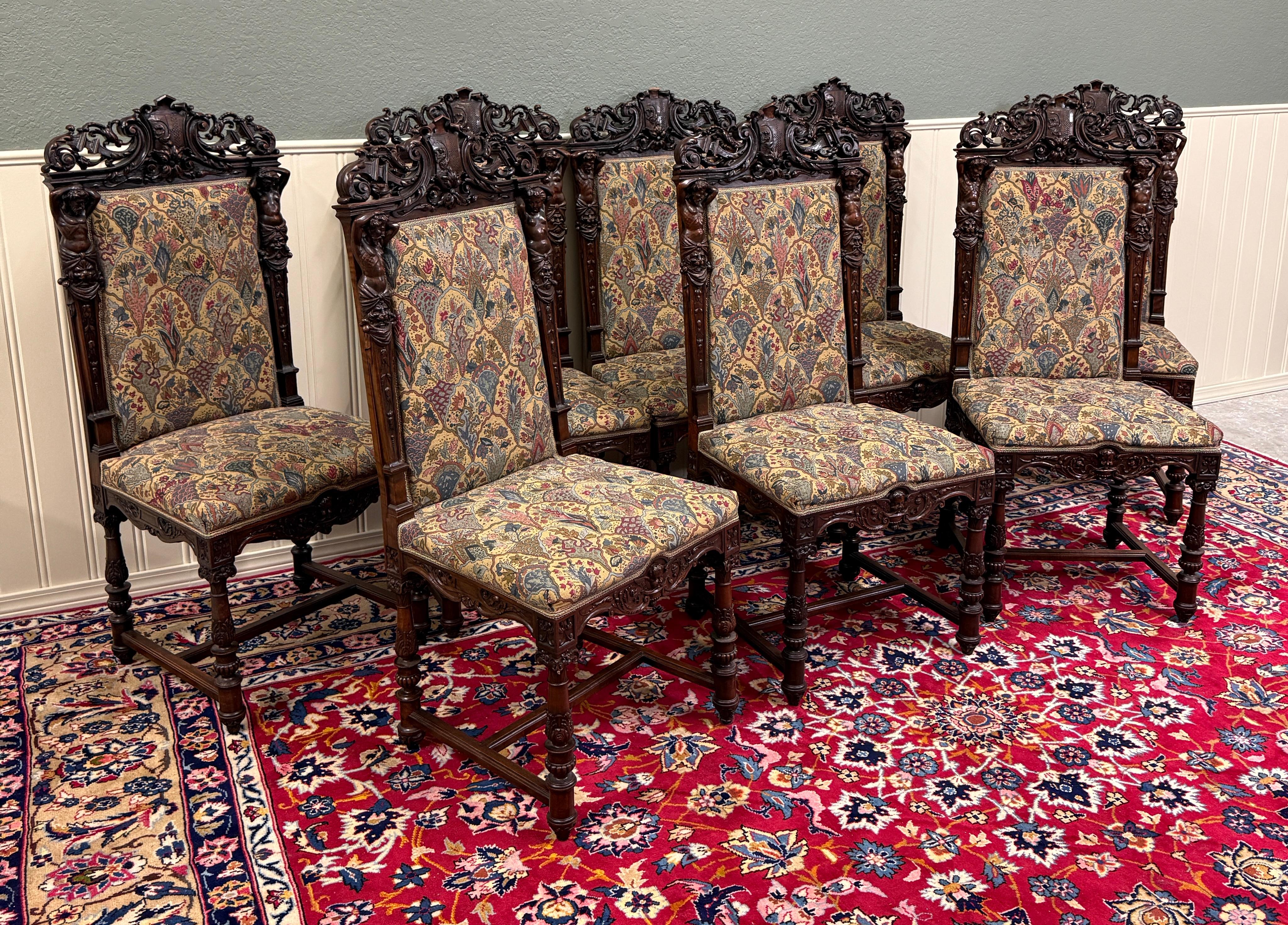 Neorinascimentale Antique French SET DI 8 sedie da pranzo imbottite e intagliate in noce del XIX secolo EXQUISITE in vendita