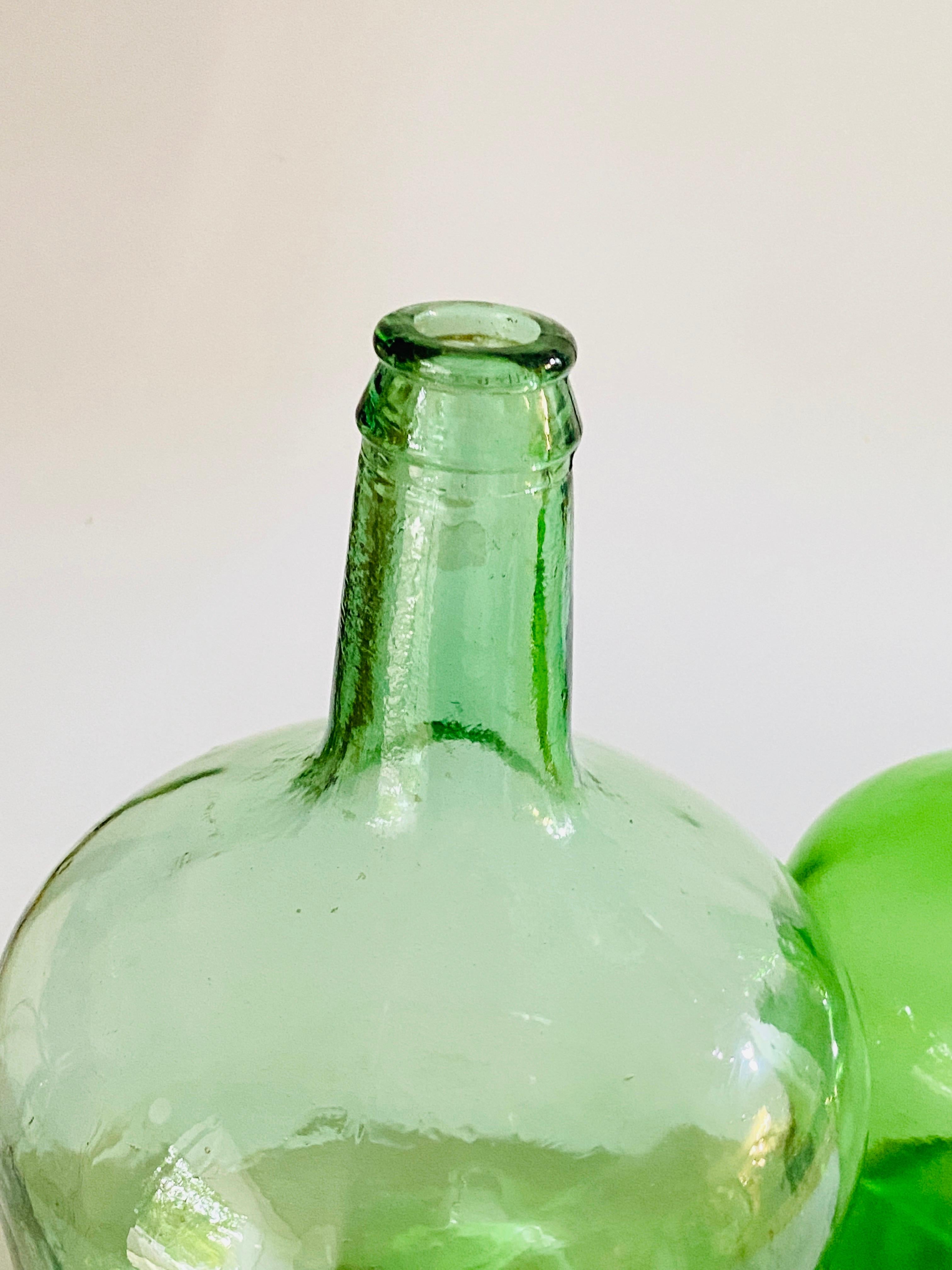 Antique French Set of Two Glass Bottles Green Color from France, circa 1950 For Sale 1