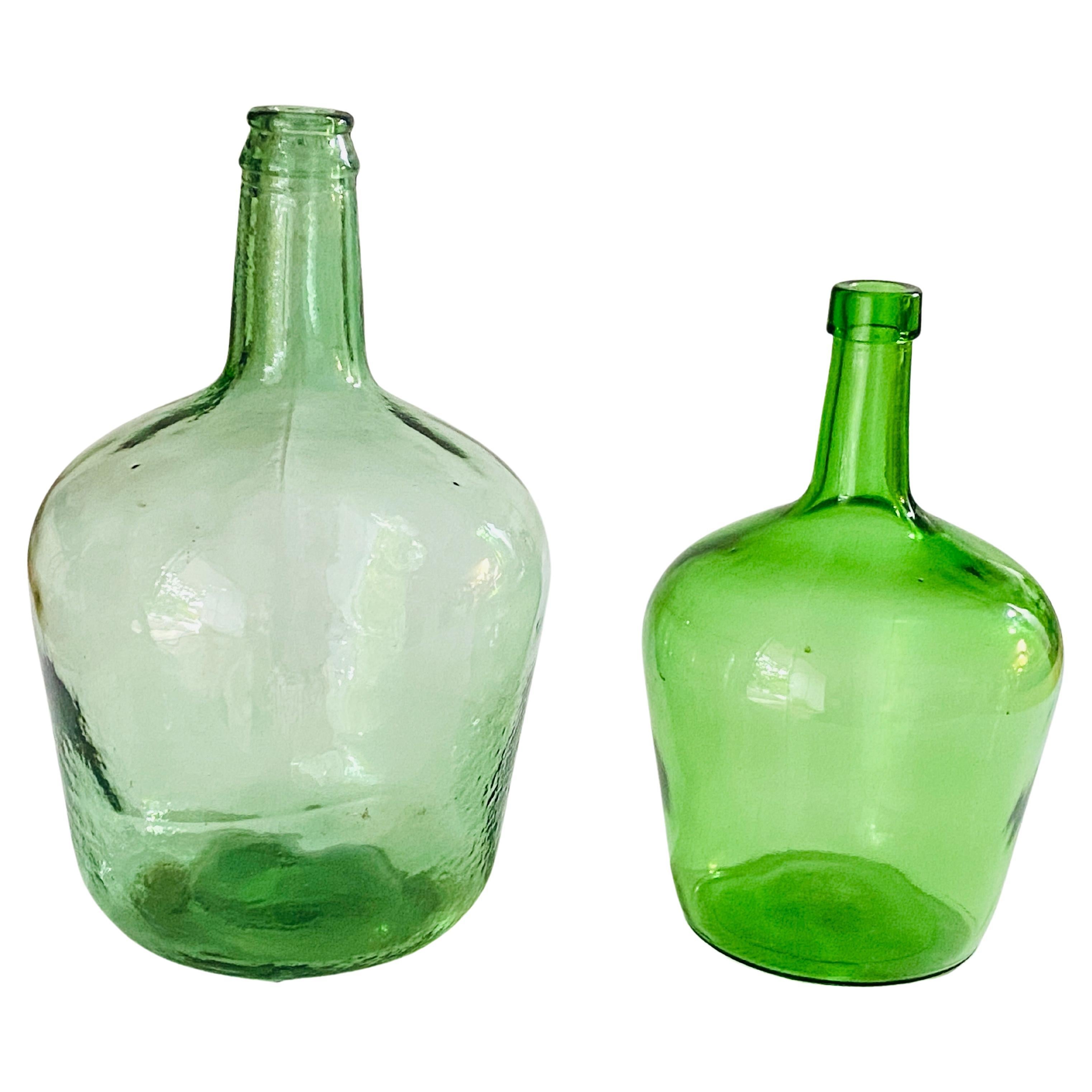 Antique French Set of Two Glass Bottles Green Color from France, circa 1950