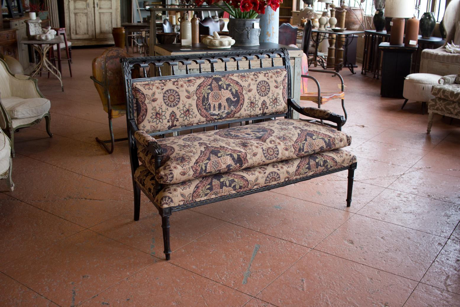 Antique Louis XVI bench style settee refurbished and with new upholstery.