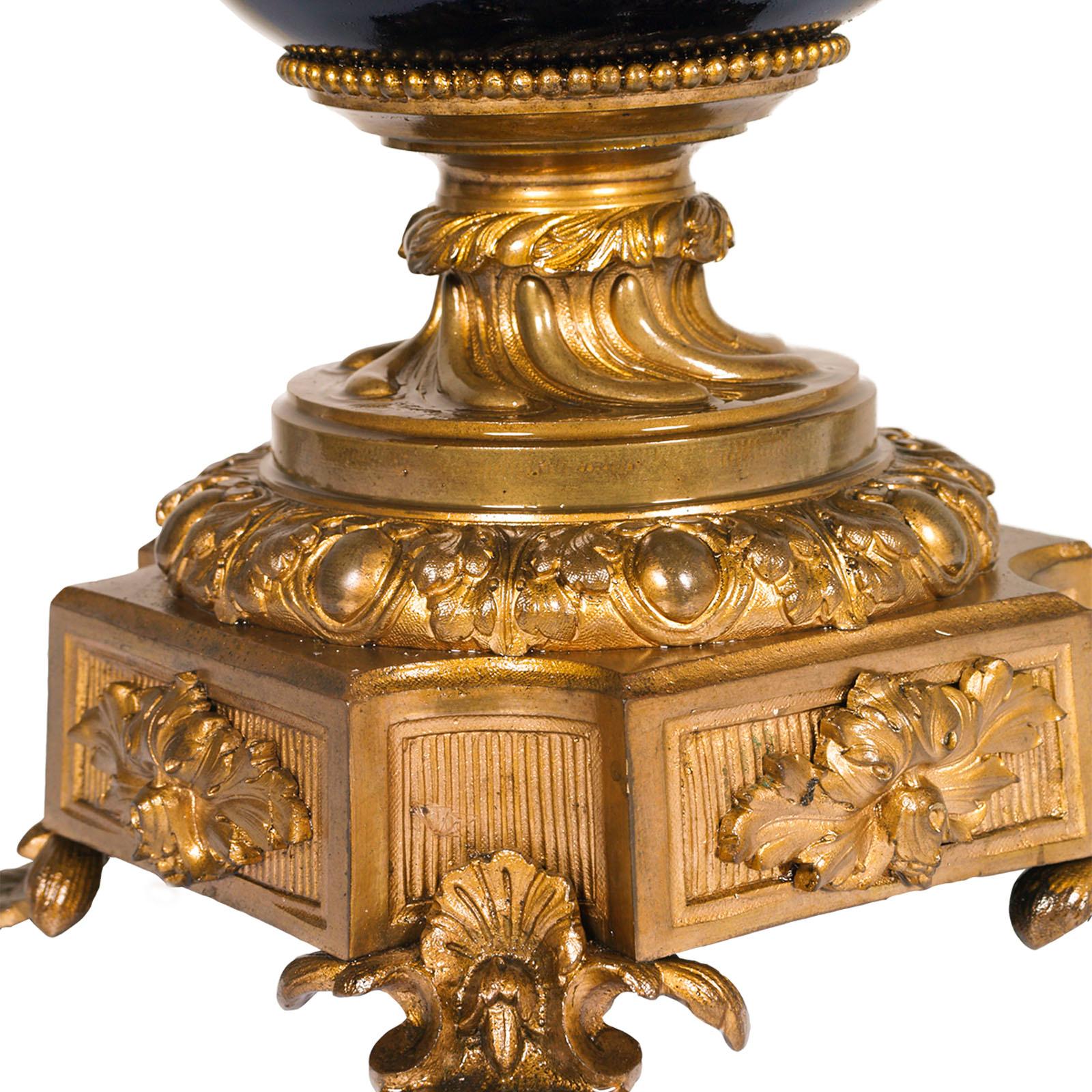 Classical Roman Antique French Sèvres Blue Cobalt Porcelain, Gilt Bronze Candlestick Centerpiece For Sale