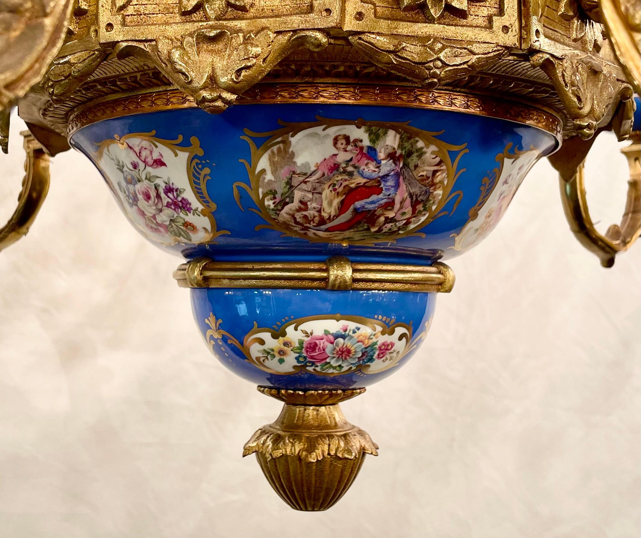 Antique French Sevres Blue Porcelain & Gold Bronze Chandelier, Circa 1920-1930. In Good Condition For Sale In New Orleans, LA