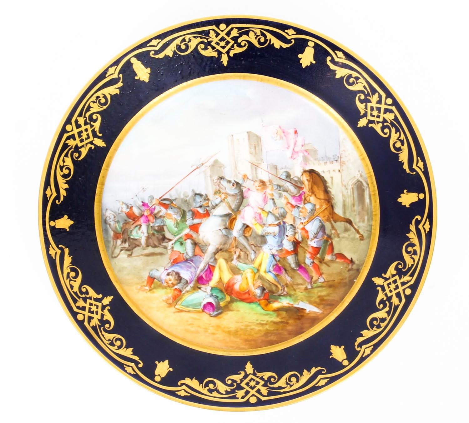 Porcelain Antique French Sevres Cabinet Plate Medieval Battle Scene, 19th Century For Sale