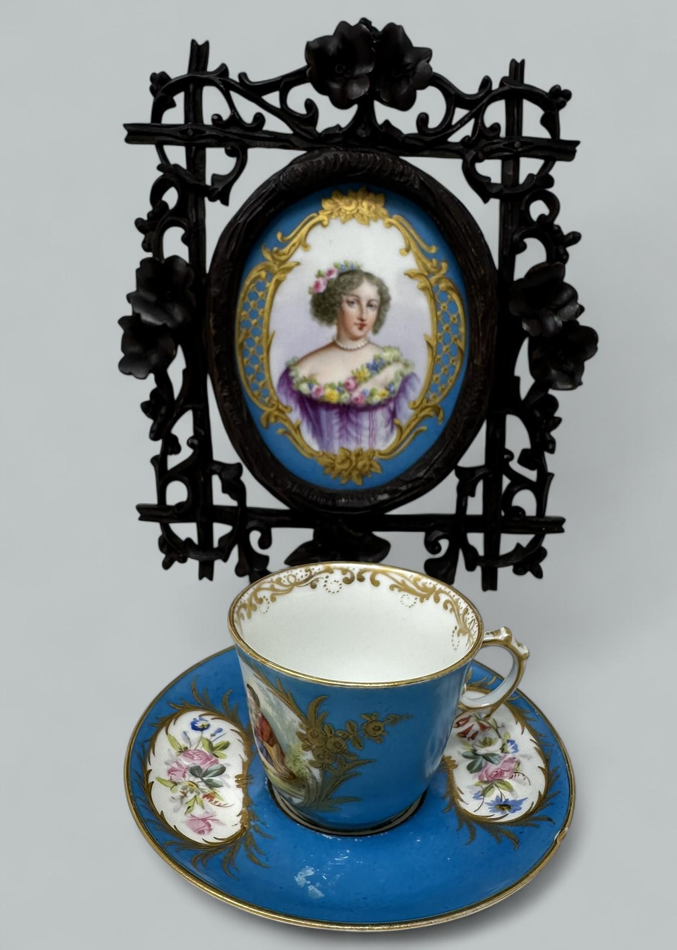 Victorian Antique French Sevres Celest Porcelain Framed Plaque Hand Painted Tea Coffee Cup For Sale
