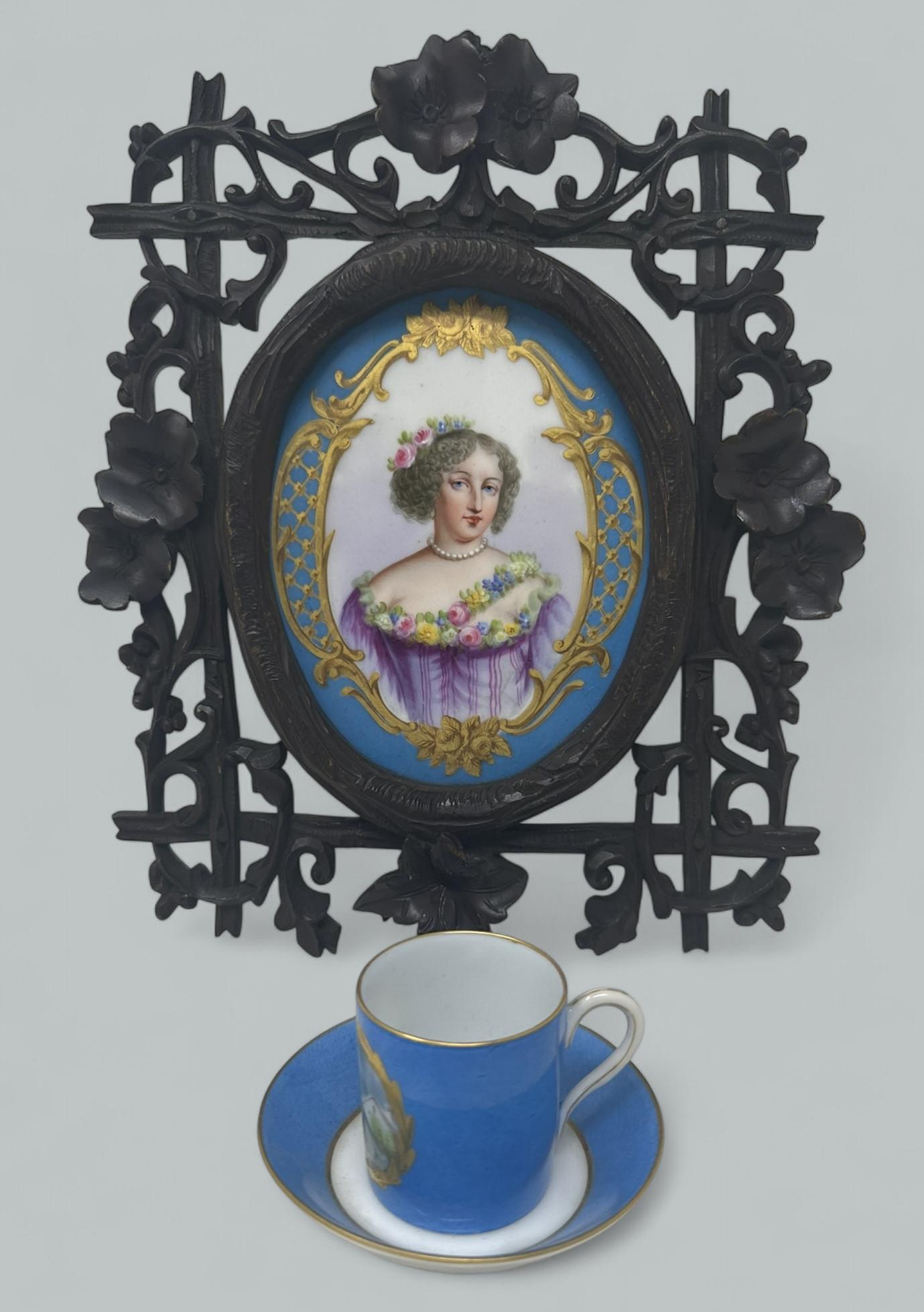 Antique French Sevres Celest Porcelain Framed Plaque Hand Painted Tea Coffee Cup In Good Condition For Sale In Dublin, Ireland