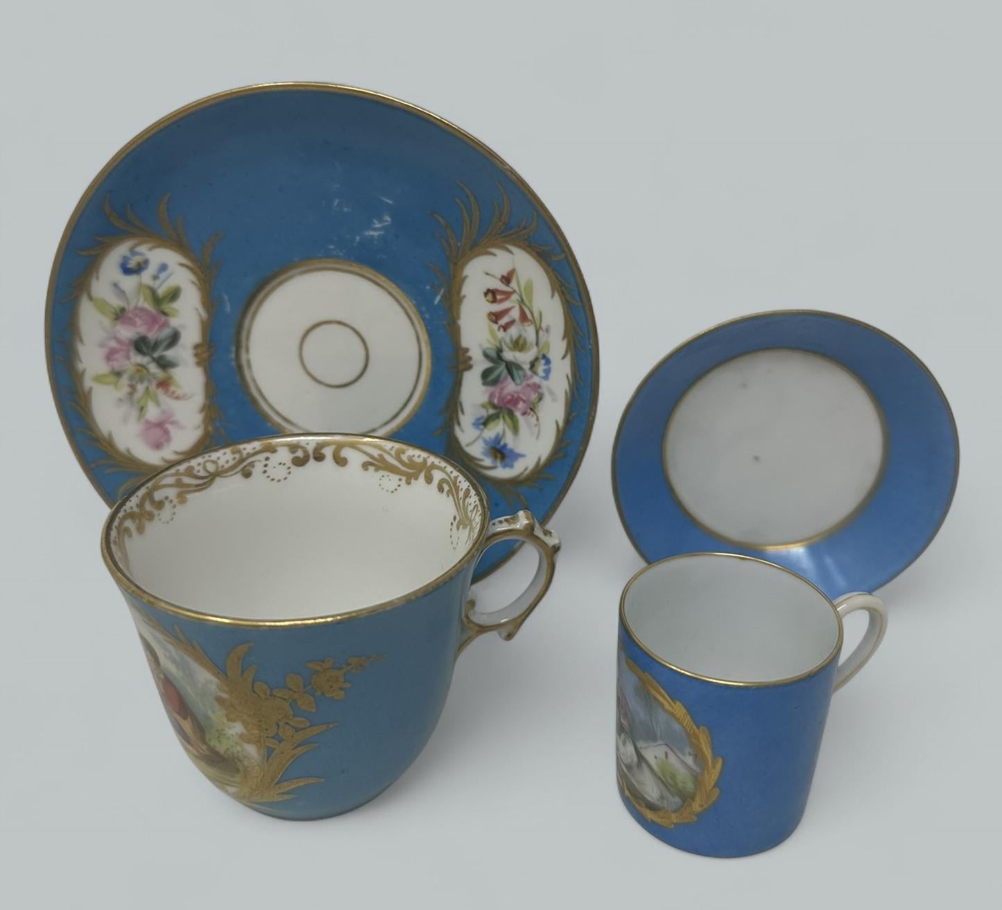 Antique French Sevres Celest Porcelain Framed Plaque Hand Painted Tea Coffee Cup For Sale 3