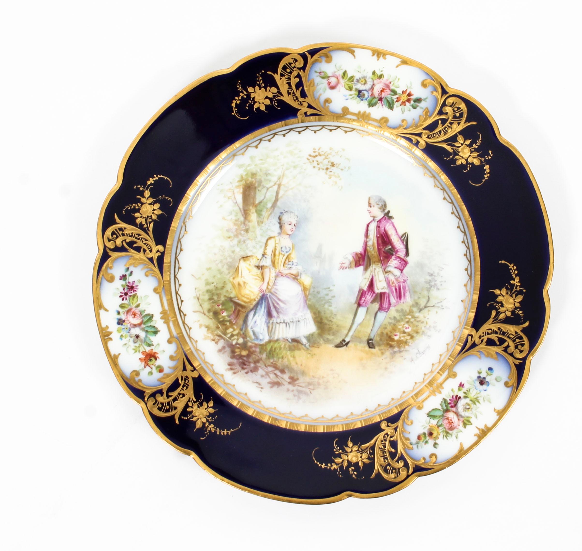 French Sevres Chapuis Hand Painted Porcelain Gilt Set 12 Plates, 18th Century 6