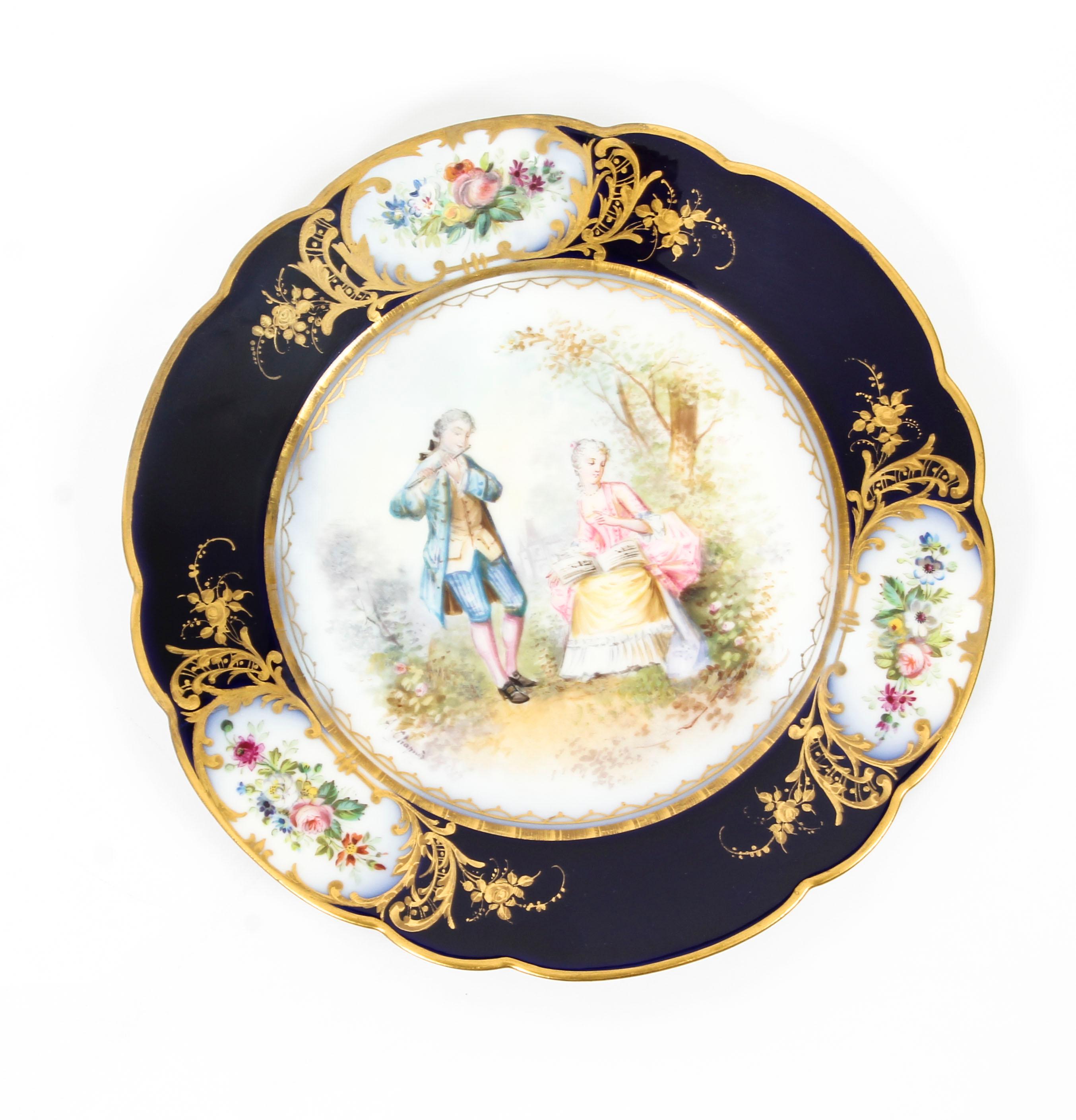 French Sevres Chapuis Hand Painted Porcelain Gilt Set 12 Plates, 18th Century 7