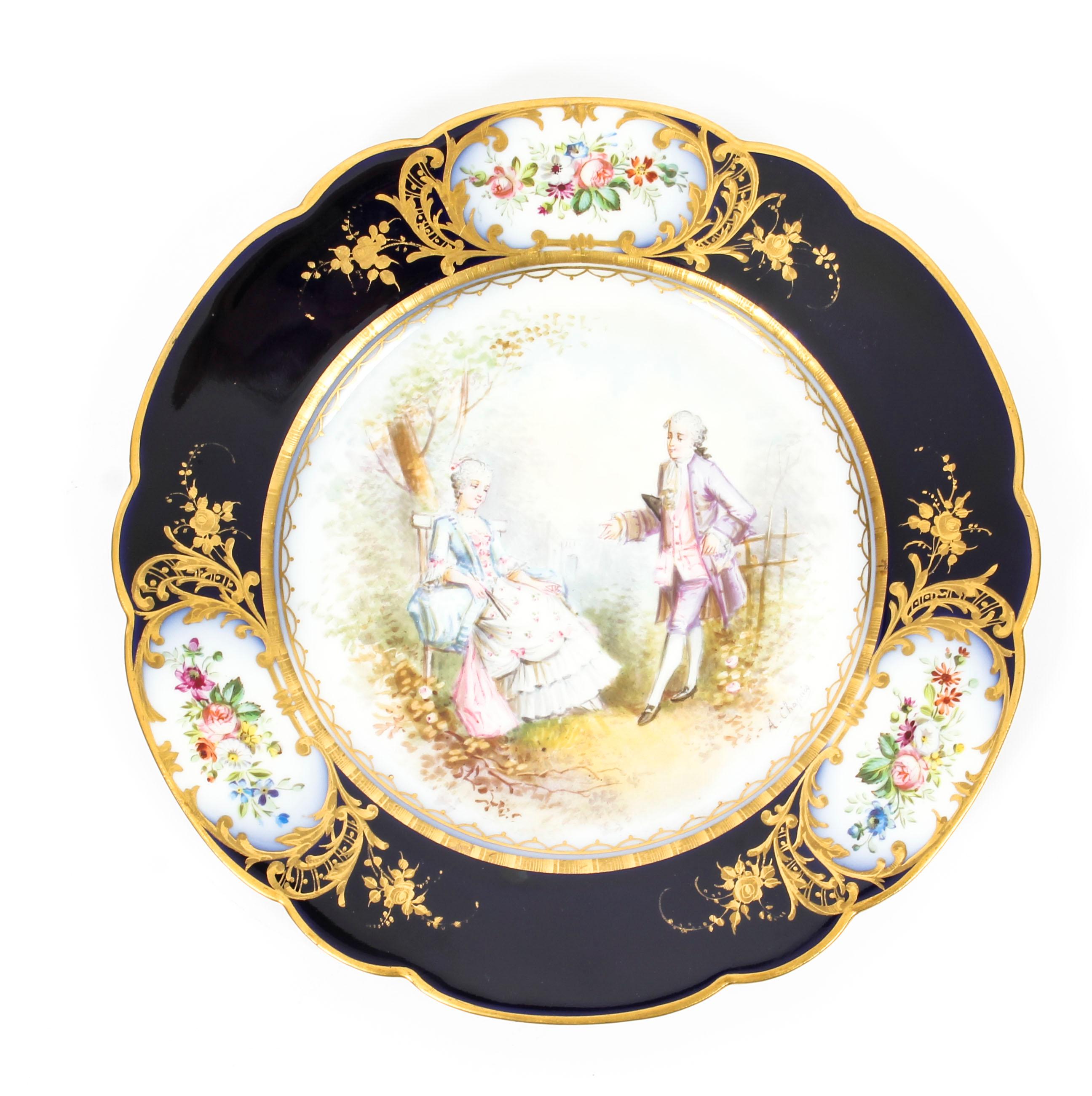 French Sevres Chapuis Hand Painted Porcelain Gilt Set 12 Plates, 18th Century 8