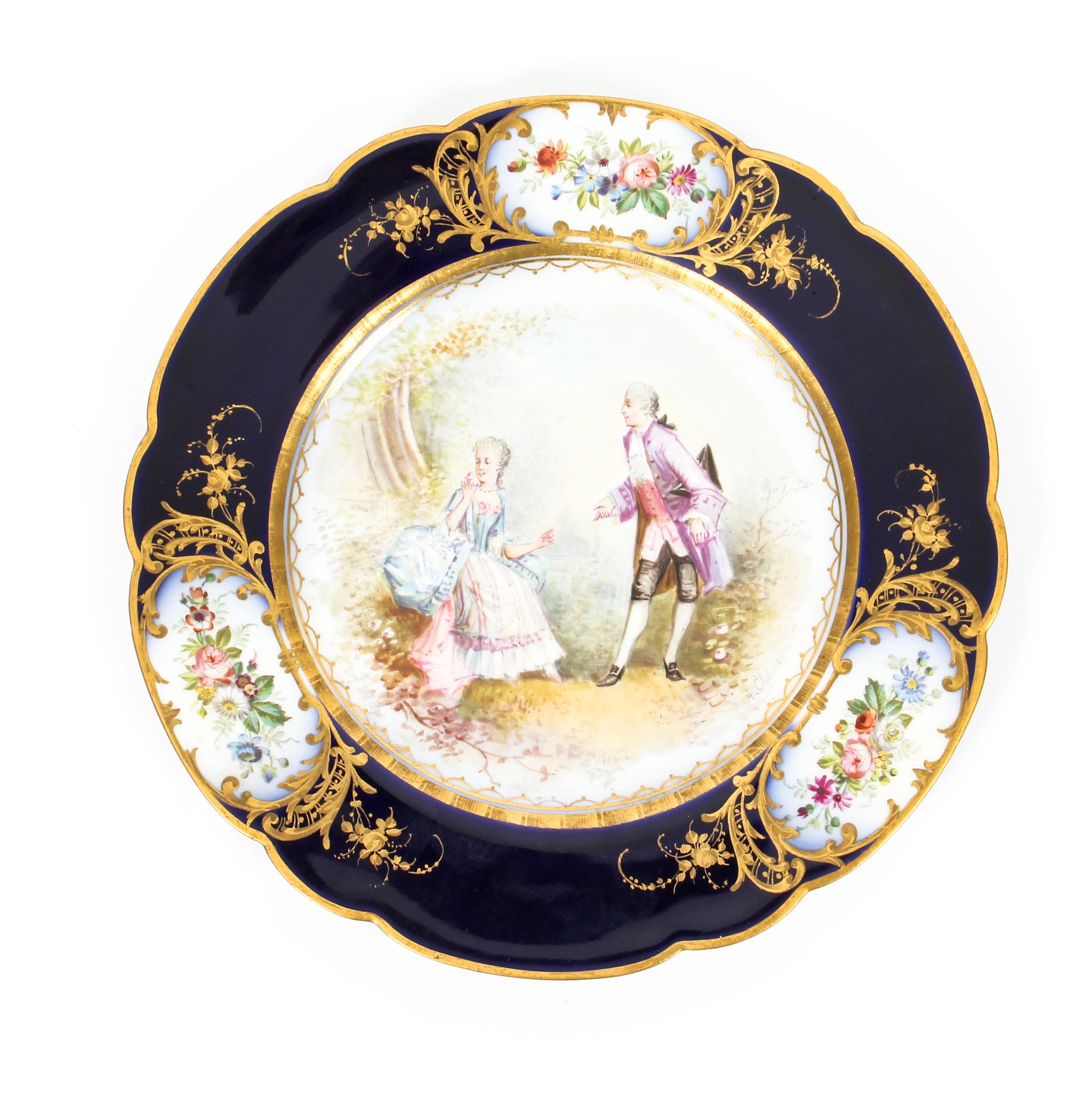 French Sevres Chapuis Hand Painted Porcelain Gilt Set 12 Plates, 18th Century 9