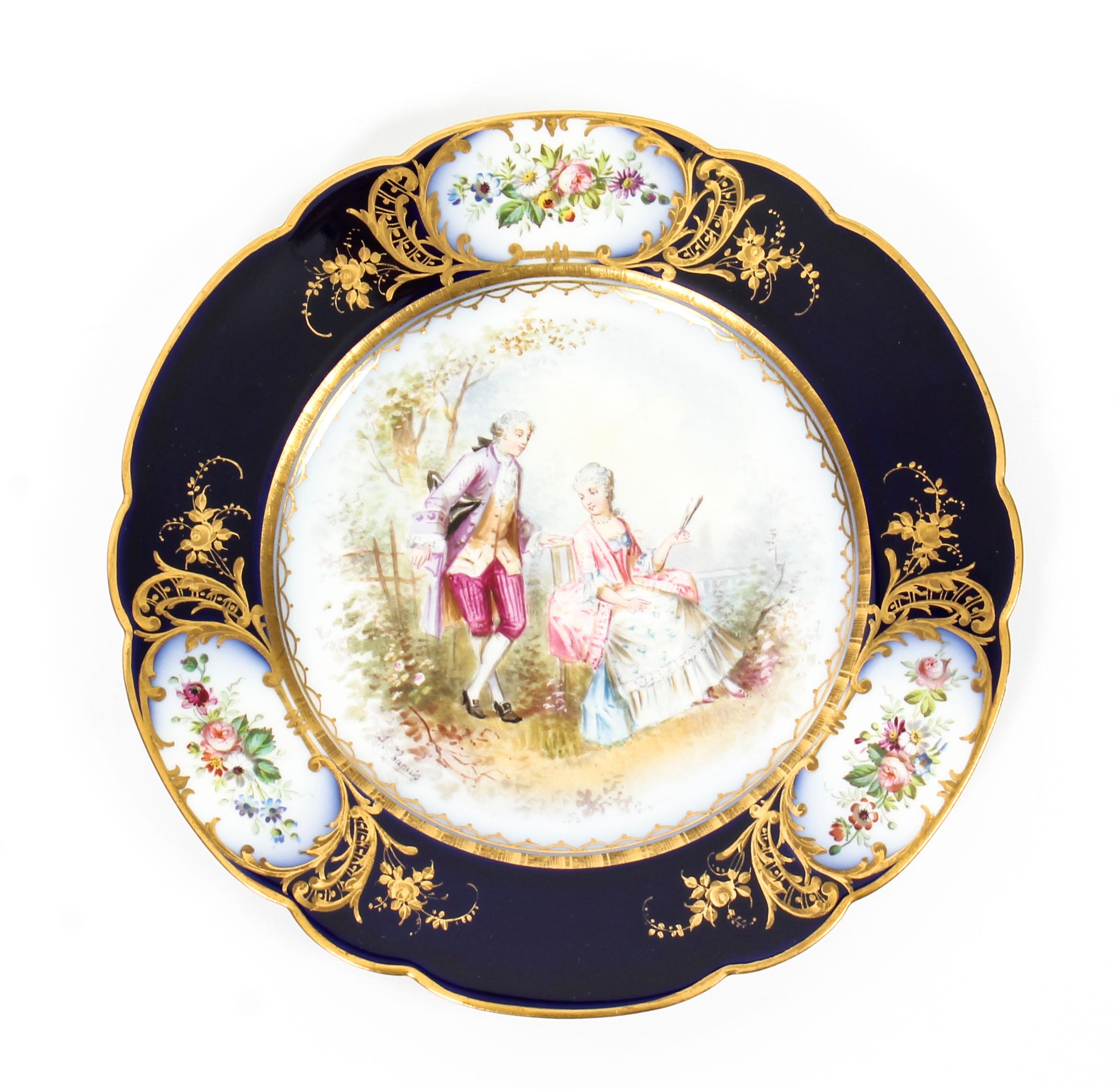 French Sevres Chapuis Hand Painted Porcelain Gilt Set 12 Plates, 18th Century 10