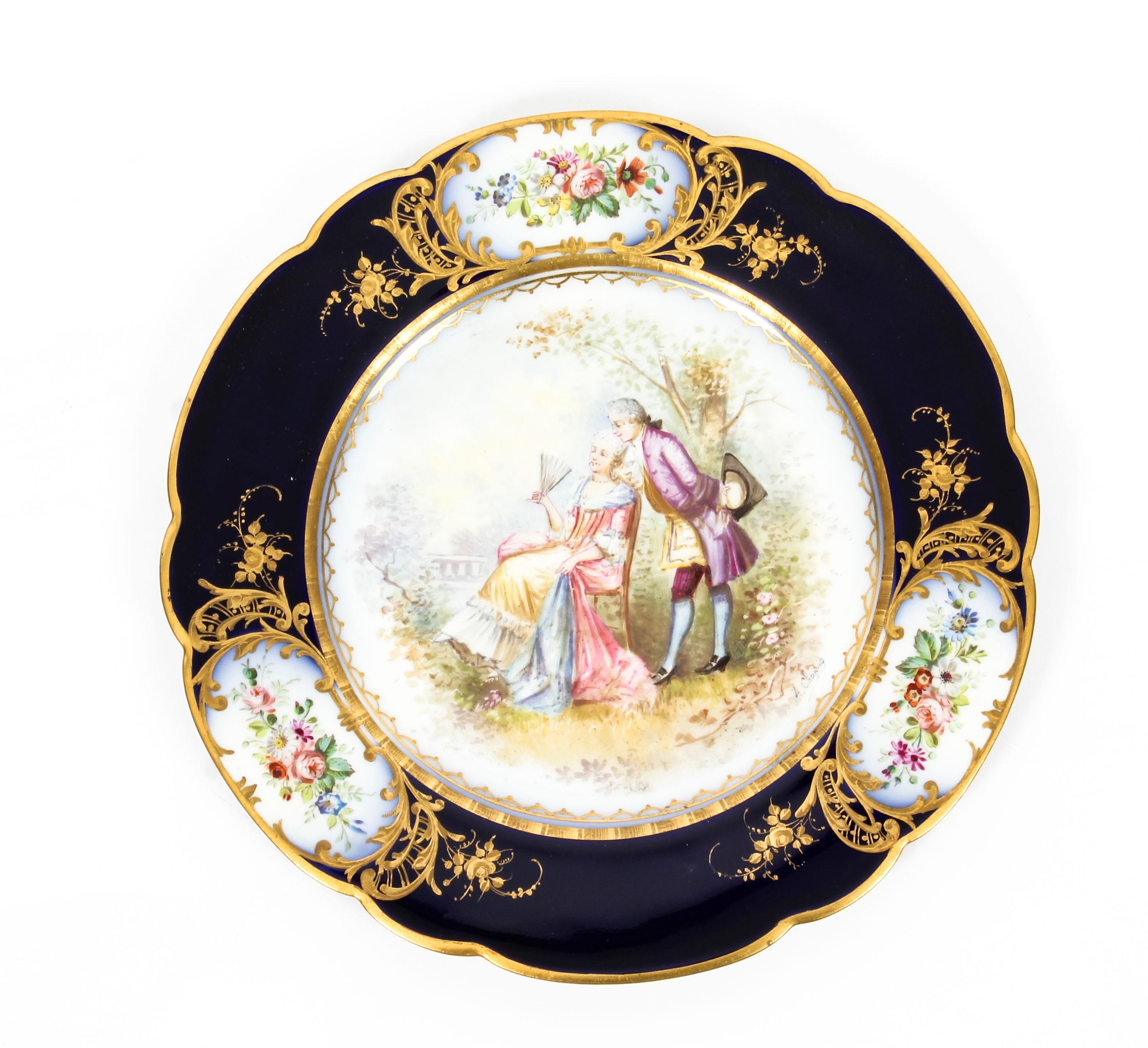 French Sevres Chapuis Hand Painted Porcelain Gilt Set 12 Plates, 18th Century 11