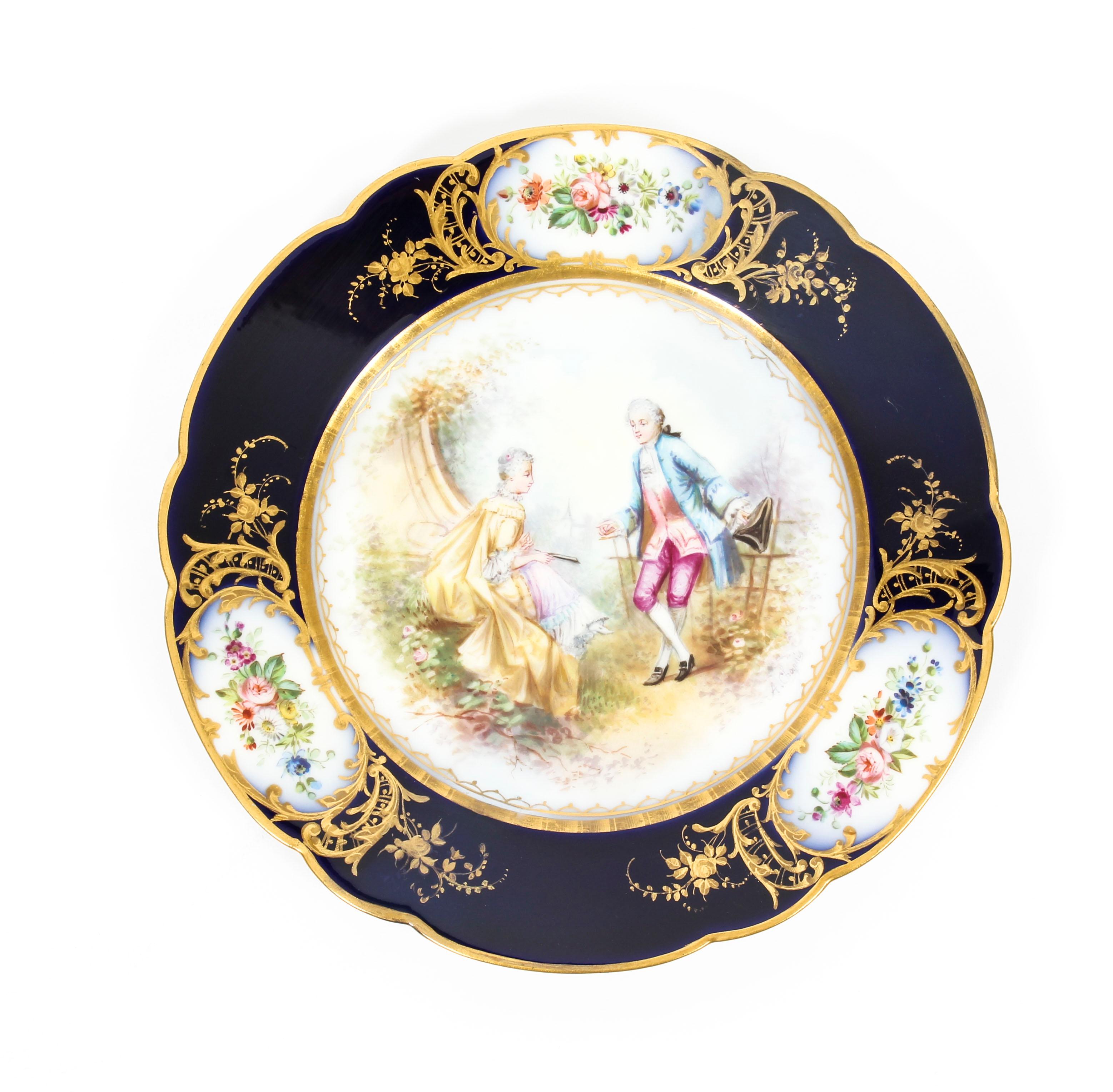French Sevres Chapuis Hand Painted Porcelain Gilt Set 12 Plates, 18th Century 13