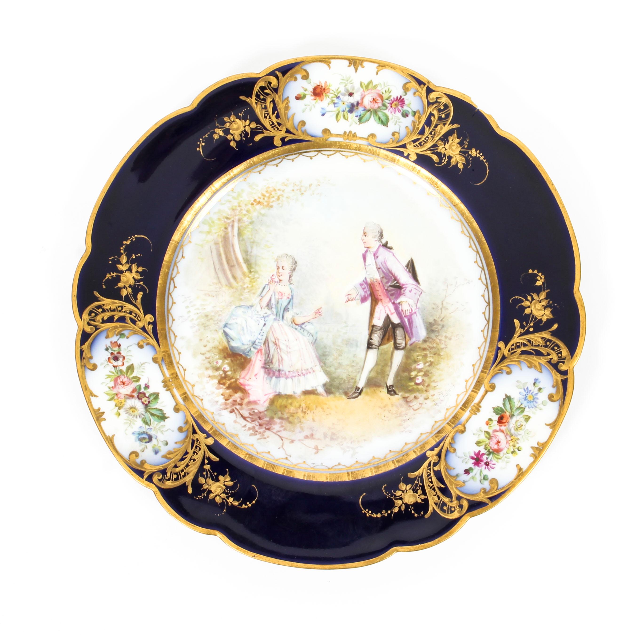 French Sevres Chapuis Hand Painted Porcelain Gilt Set 12 Plates, 18th Century 15