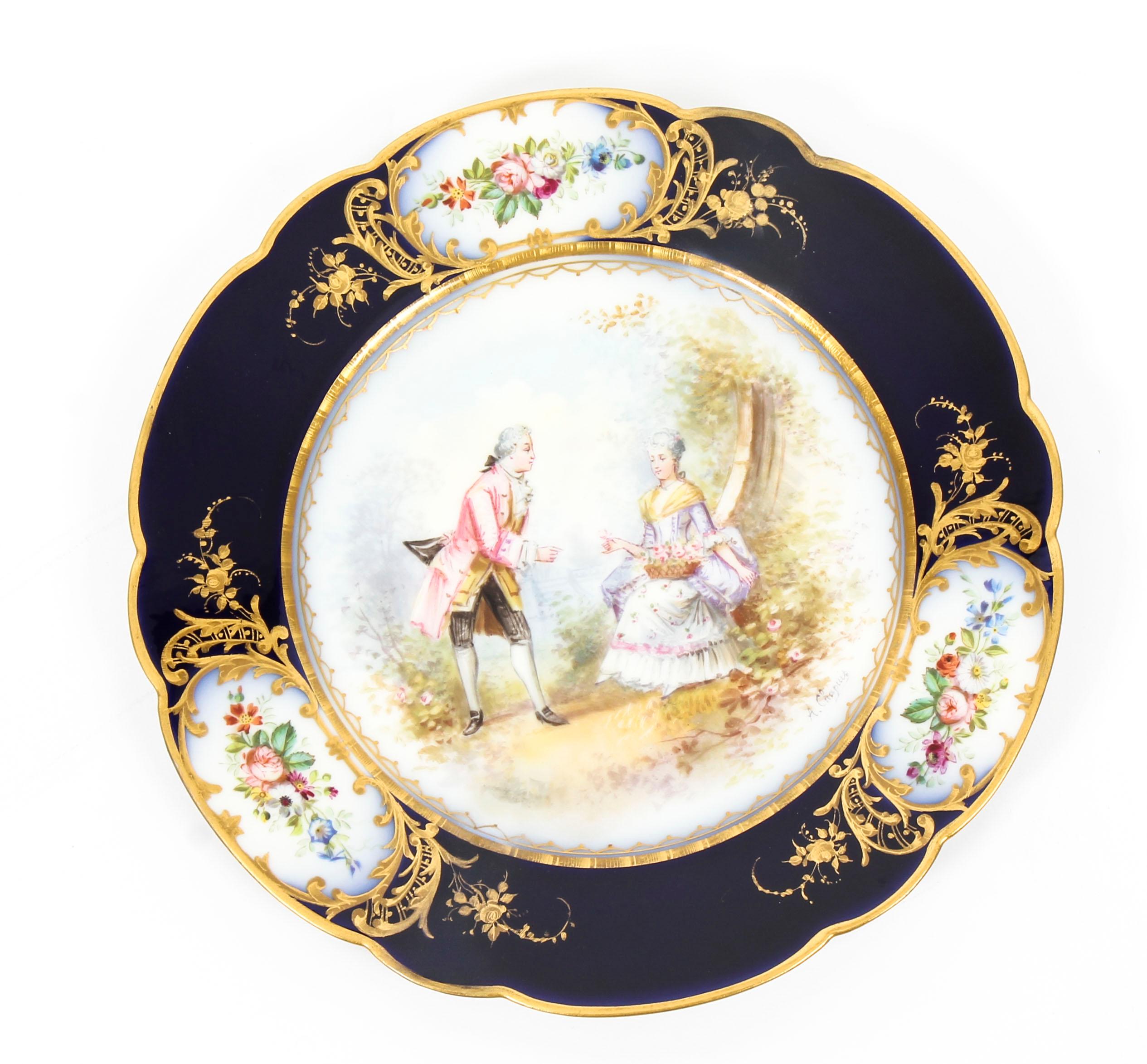 This is a beautiful antique set of twelve French Sevres porcelain cabinet plates, each bears the blue interlaced L's for Sevres, enclosing the date letter BB for 1779 and the painters mark for Chapuis le Jeune

Each superbly hand painted plate