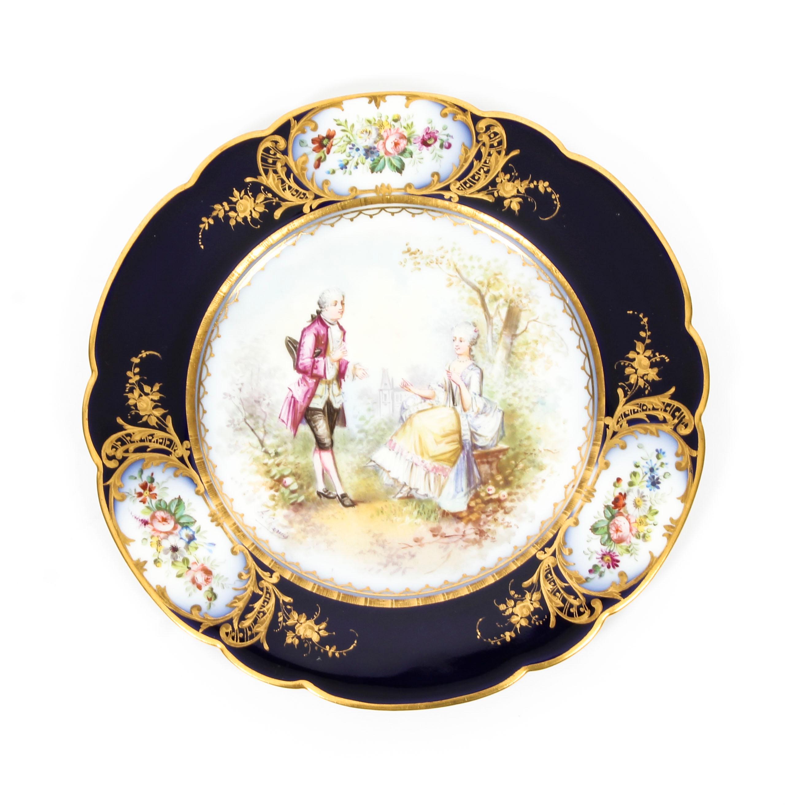 French Sevres Chapuis Hand Painted Porcelain Gilt Set 12 Plates, 18th Century 1