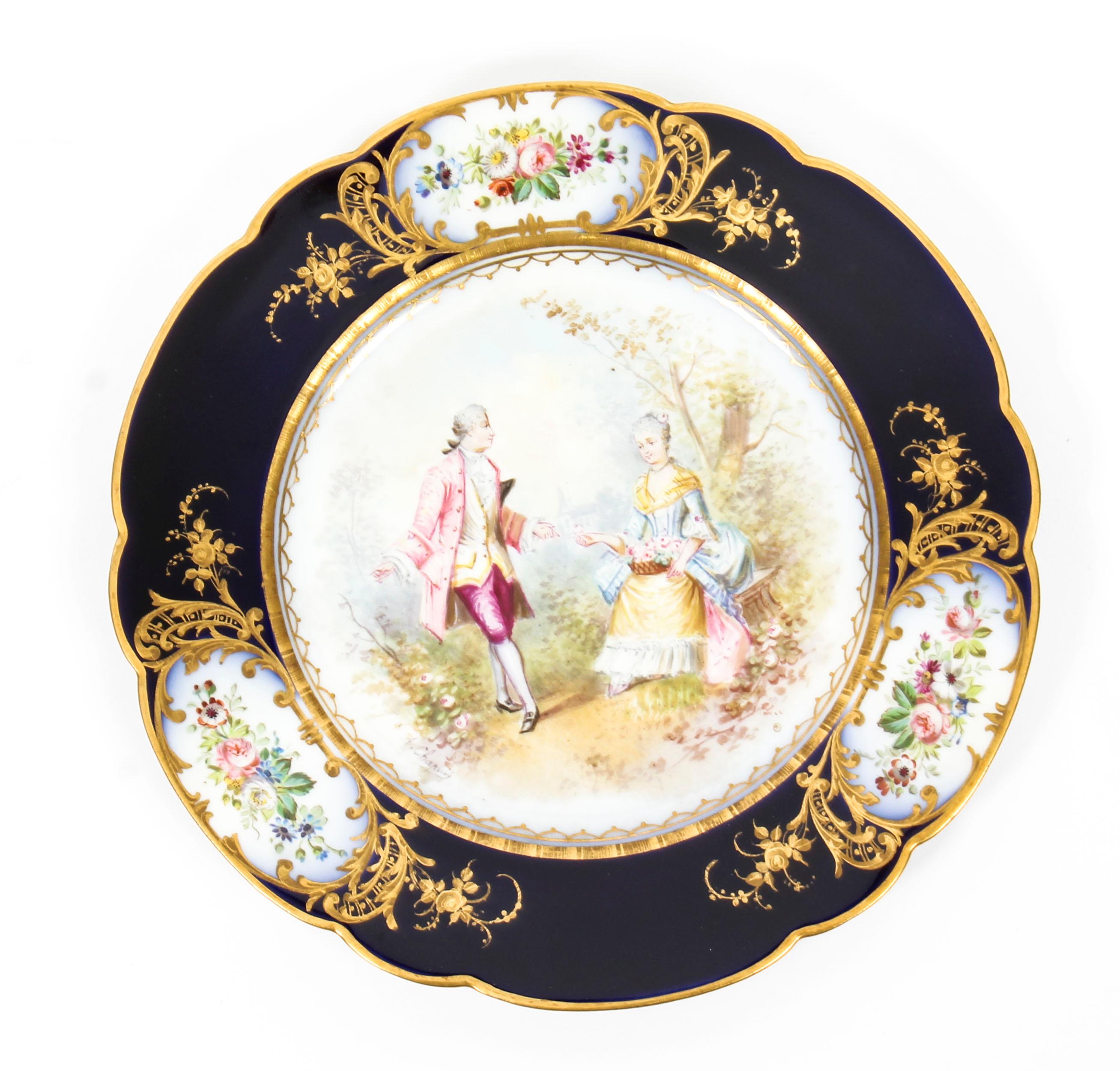 French Sevres Chapuis Hand Painted Porcelain Gilt Set 12 Plates, 18th Century 2