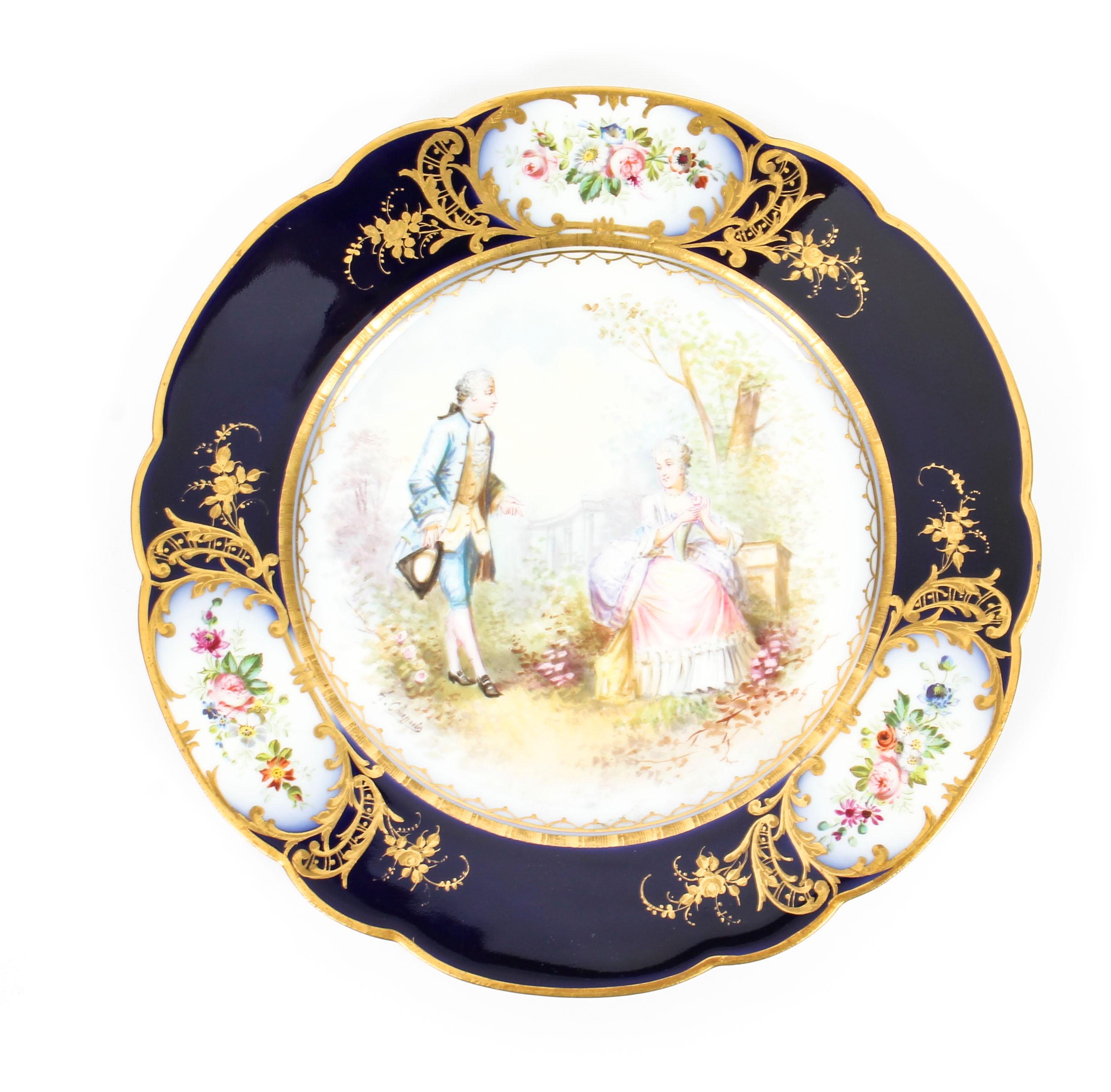 French Sevres Chapuis Hand Painted Porcelain Gilt Set 12 Plates, 18th Century 5
