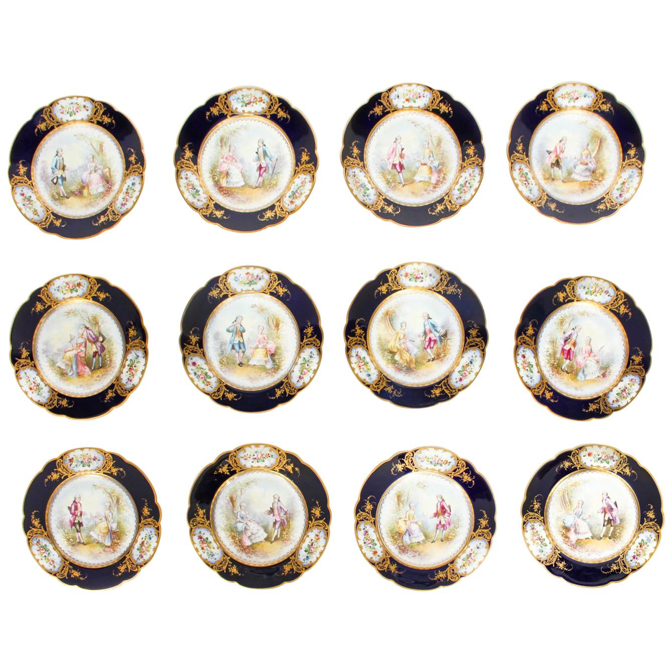 French Sevres Chapuis Hand Painted Porcelain Gilt Set 12 Plates, 18th Century