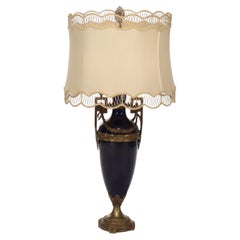 Antique French Sevres Cobalt Blue Lamp with Metal Overlay C1900