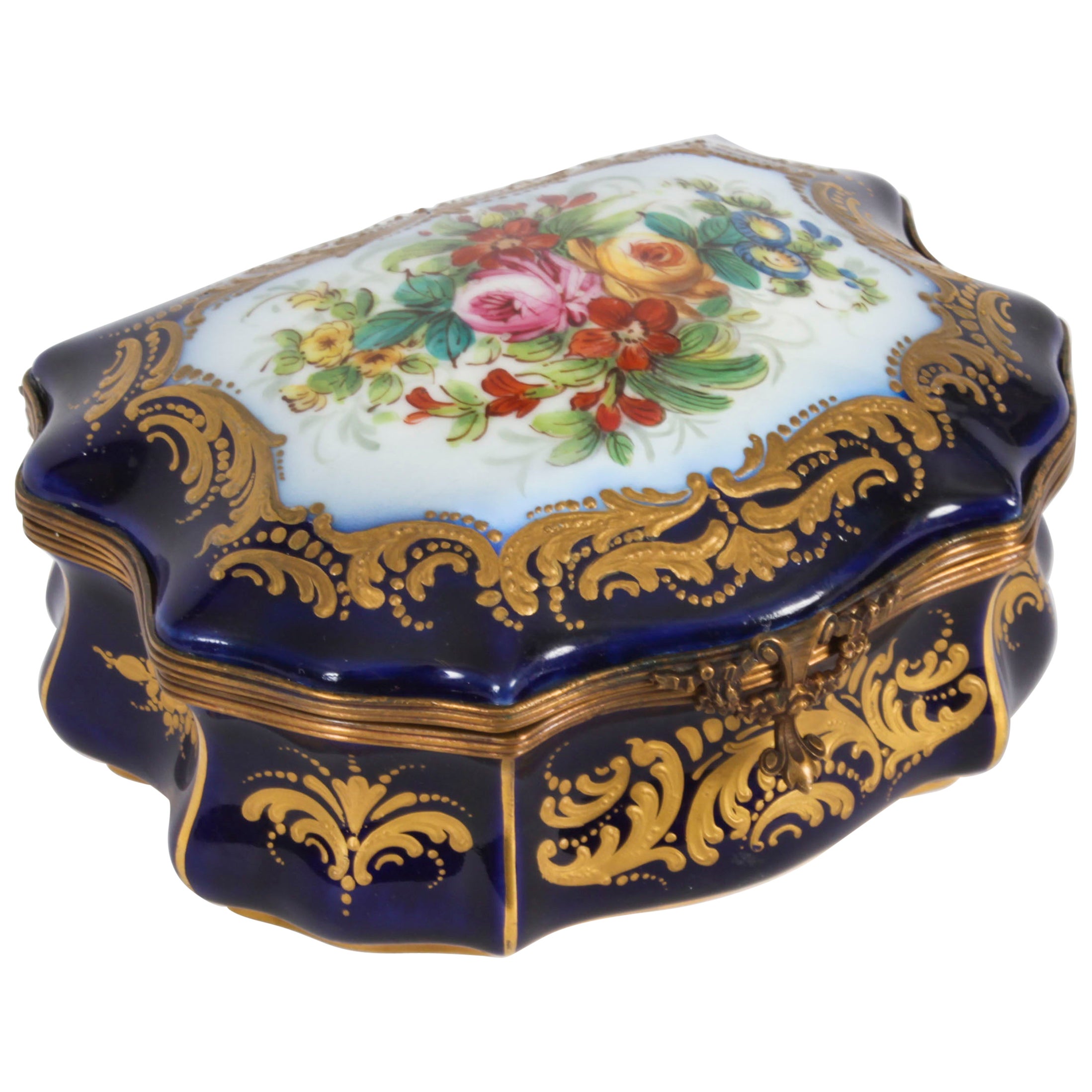 Antique French Sevres Cobalt Blue Porcelain Casket 19th Century
