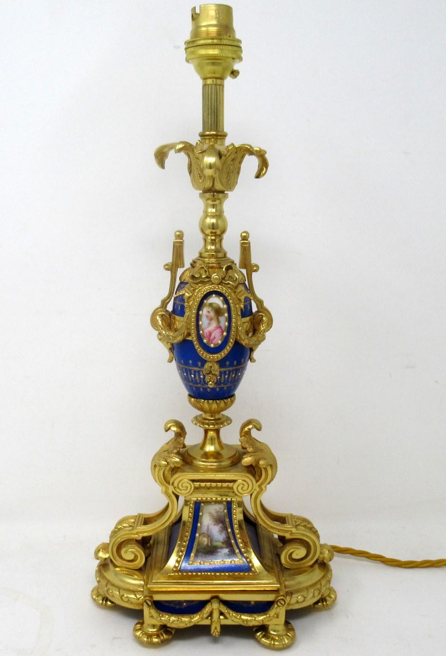 A Fine Stylish and Imposing French Sevres Porcelain Mounted Ormolu Candelabra of outstanding quality, now converted to an Electric Table Lamp. Early to Mid-Nineteenth Century. 

The single leaf capped holder above a soft paste porcelain support with