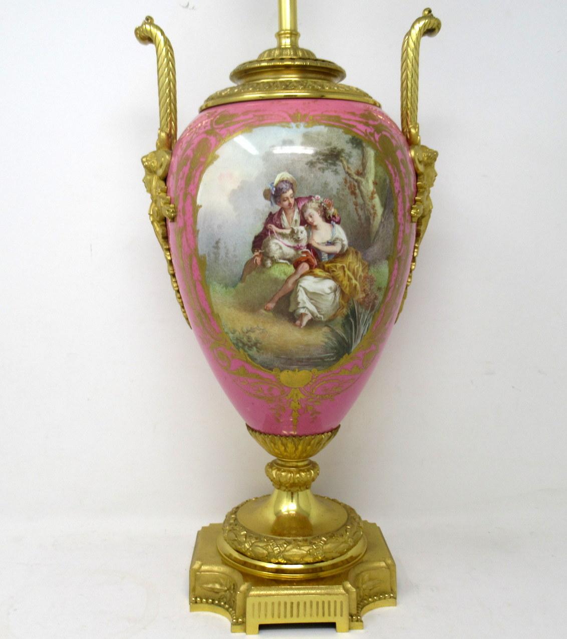 Late Victorian Antique French Sèvres Gilt Bronze Porcelain Vase Ormolu Pompador Pink Table Lamp For Sale