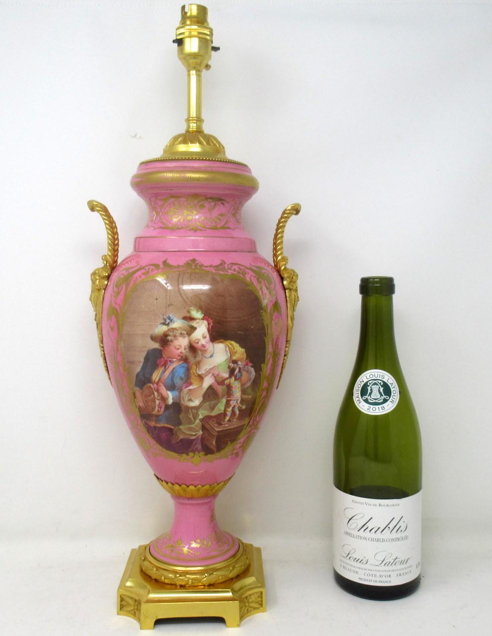 Antique French Sèvres Gilt Bronze Porcelain Vase Ormolu Pompador Pink Table Lamp In Good Condition In Dublin, Ireland