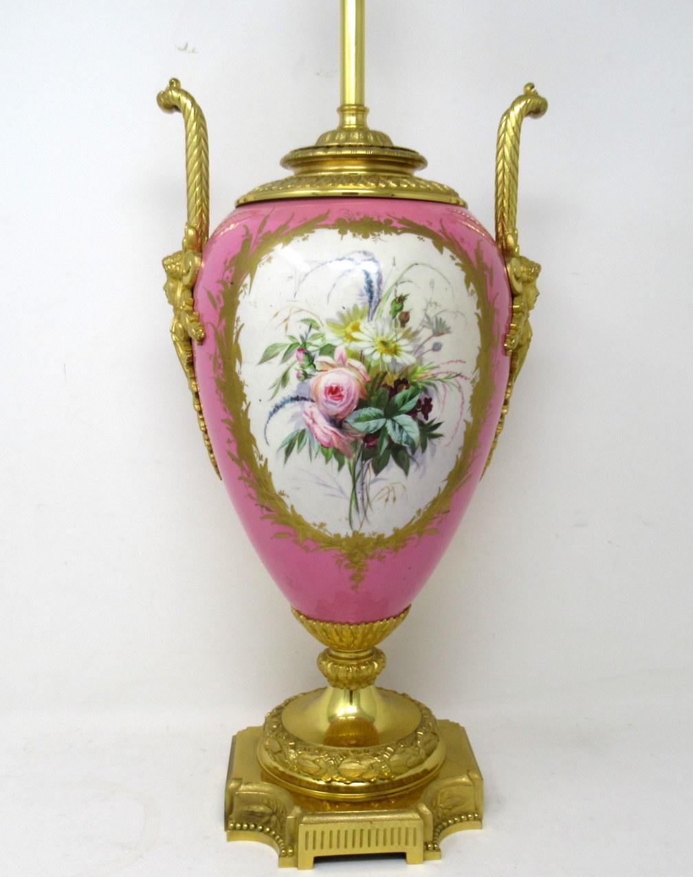 19th Century Antique French Sèvres Gilt Bronze Porcelain Vase Ormolu Pompador Pink Table Lamp For Sale