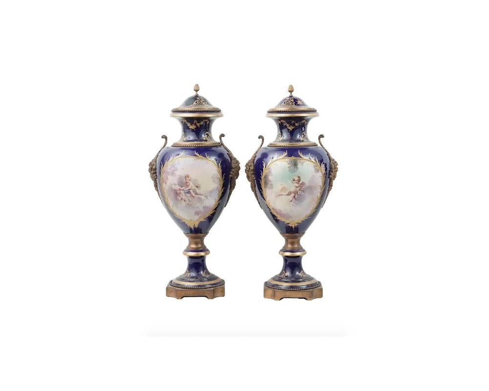 Unknown Antique French Sevres Gilt Bronze Porcelain Vases For Sale
