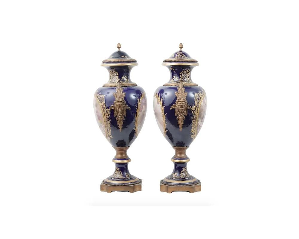 Antique French Sevres Gilt Bronze Porcelain Vases In Good Condition For Sale In New York, NY