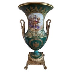 Antique French Sevres Green & Gold Gilted Swann Handled War Scene Vase