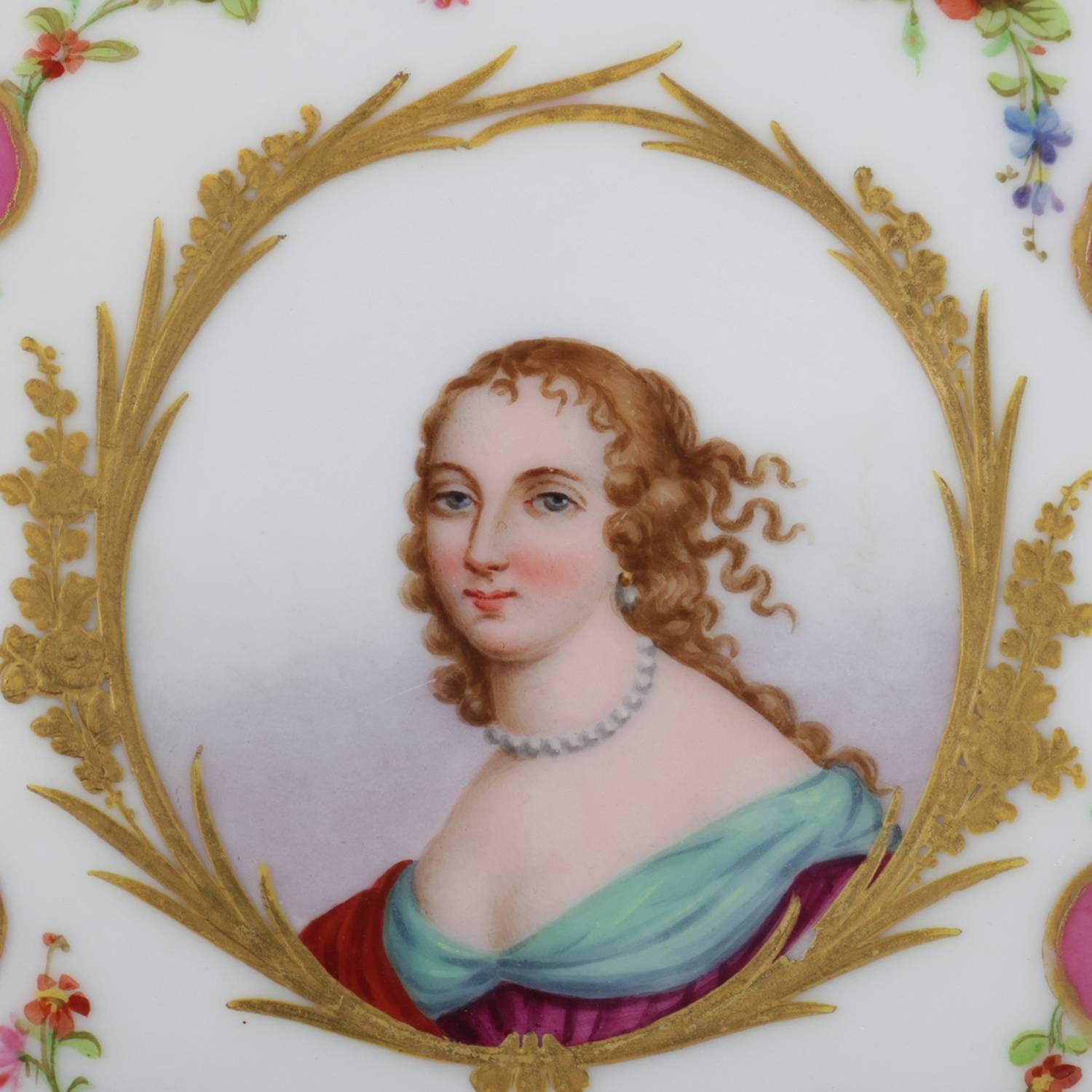 Antique French Sevres Hand-Painted and Gilt Porcelain Signed Portrait Plate In Fair Condition In Big Flats, NY