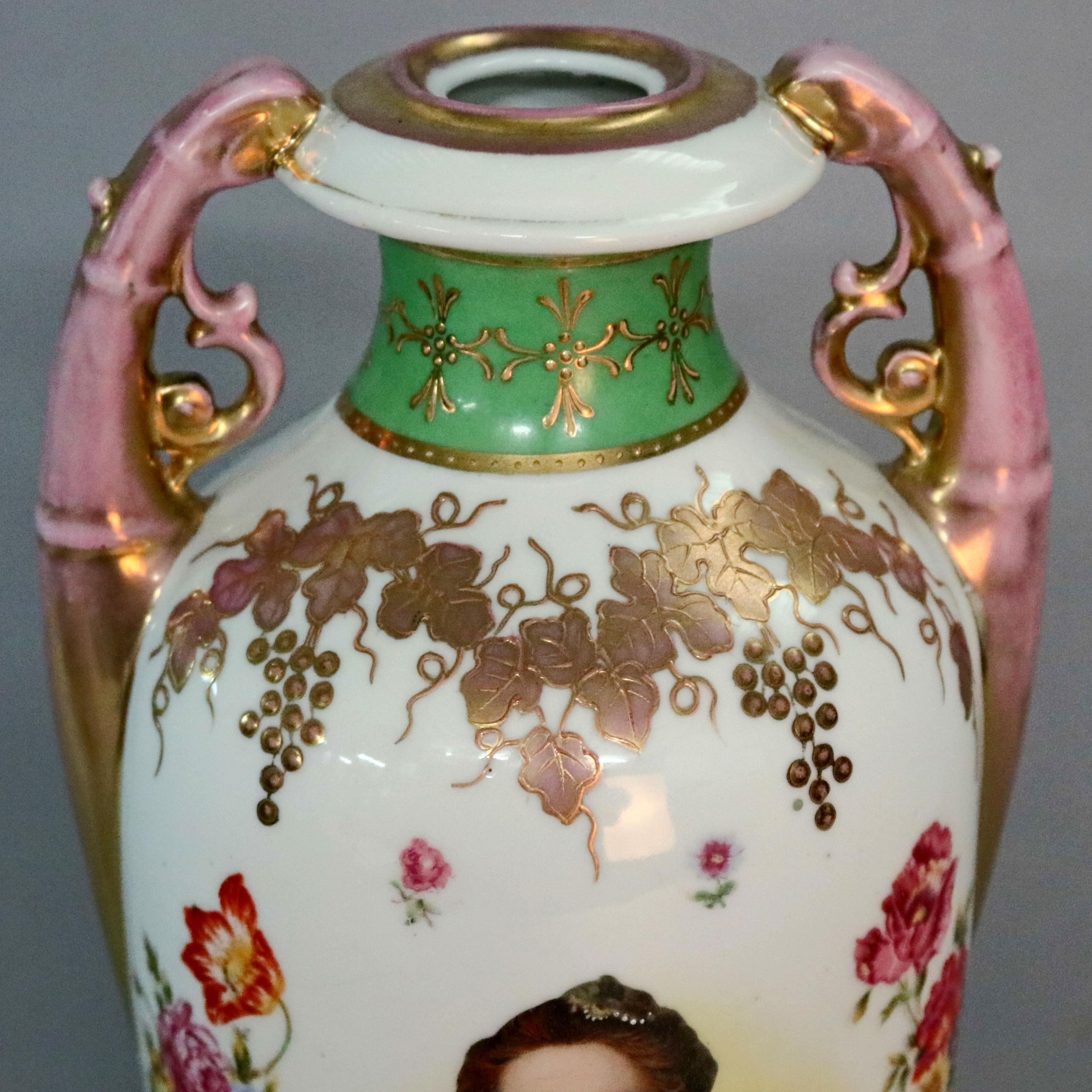 An antique French porcelain vase by Sevres offers urn form with central portrait reserve, all-over floral and foliate decoration, gilt highlights throughout, double scroll form handles and makers mark on base as photographed, circa