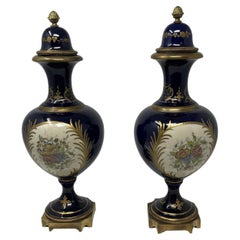 Antique French Sevres Hand Painted Gilt Portrait Porcelain Urns - Set of 2