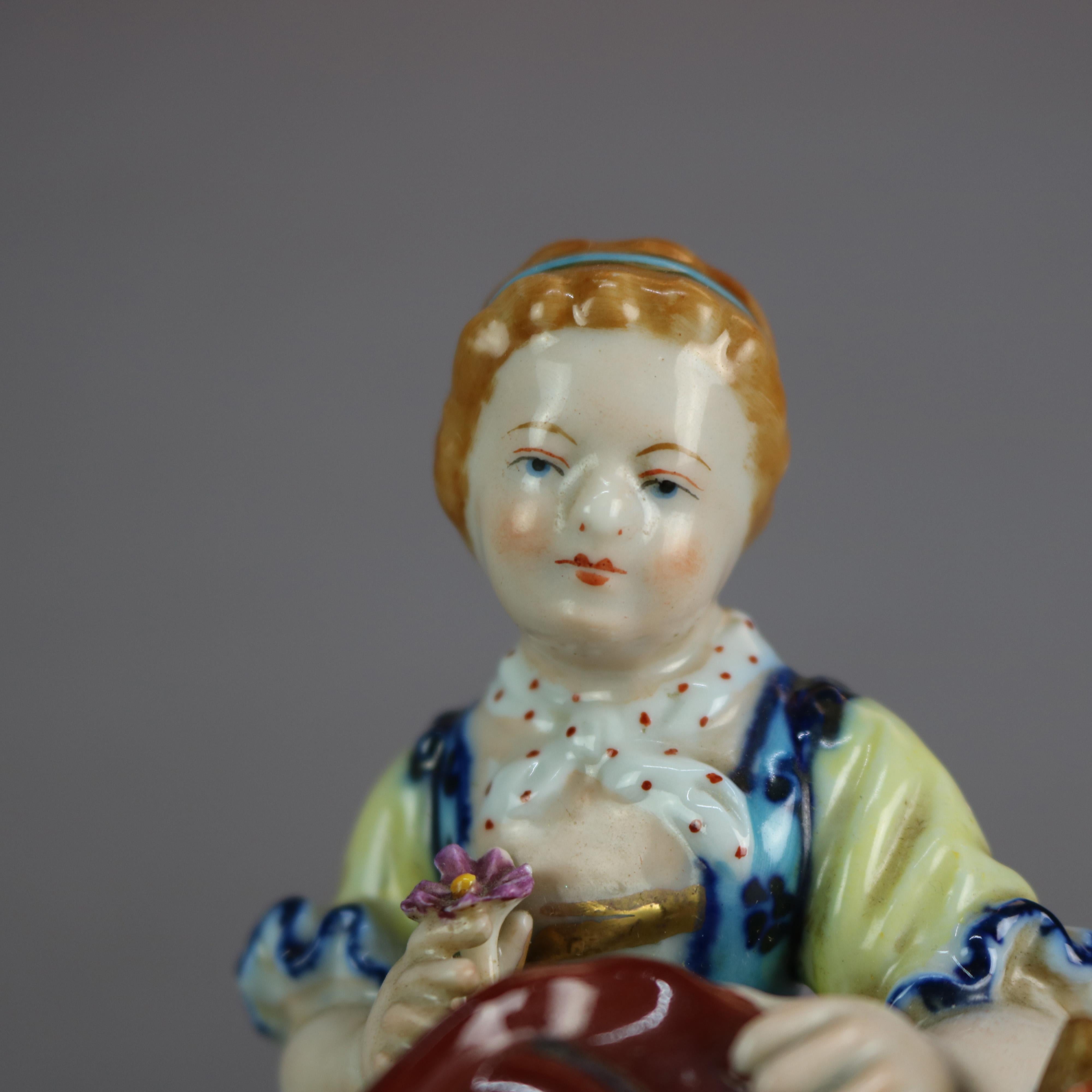 Antique French Sevres porcelain figural grouping depicts hand painted scene with seated girl with her hat and flower in countryside setting, raised on plinth with foliate and gilt decorated border, marked on base as photographed, c1880

Measures: