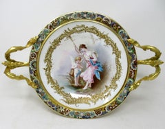 Antique French Sevres Ormolu Gilt Bronze Dore Champlevé Porcelain Tazza Plate