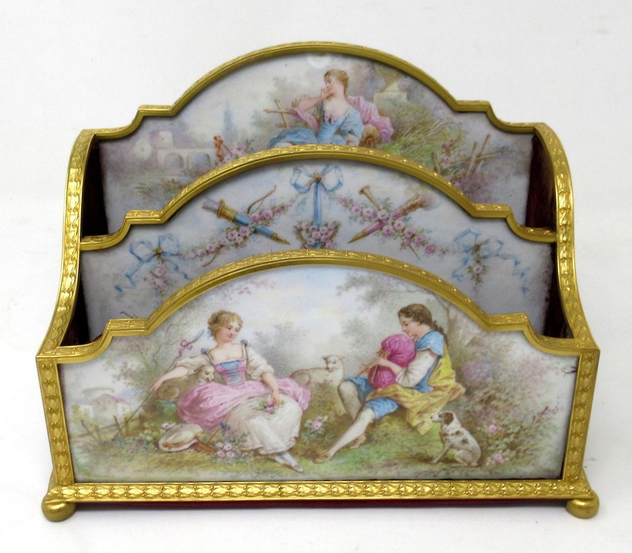 Antique French Sevres Ormolu Gilt Bronze Dore Letters Holder Inkwell Desk Set In Good Condition In Dublin, Ireland