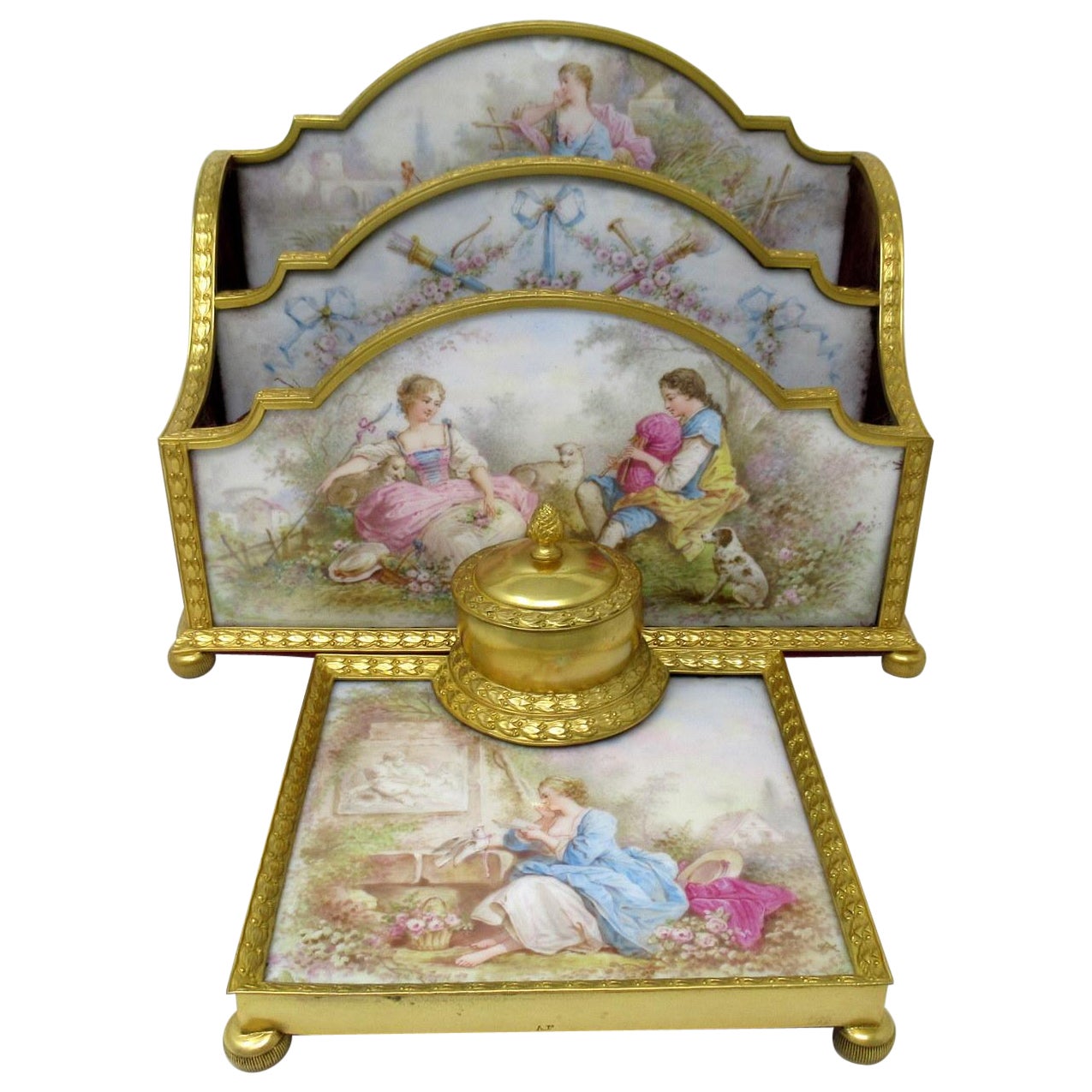 Antique French Sevres Ormolu Gilt Bronze Dore Letters Holder Inkwell Desk Set