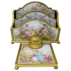 Antique French Sevres Ormolu Bronce Dorado Dore Letras Titular Tintero Escritorio Set