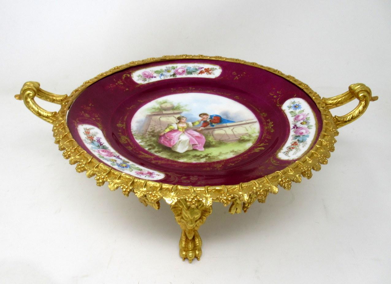 Victorian Antique French Sevres Ormolu Gilt Bronze Dore Porcelain Tazza Cabinet Plate Dish