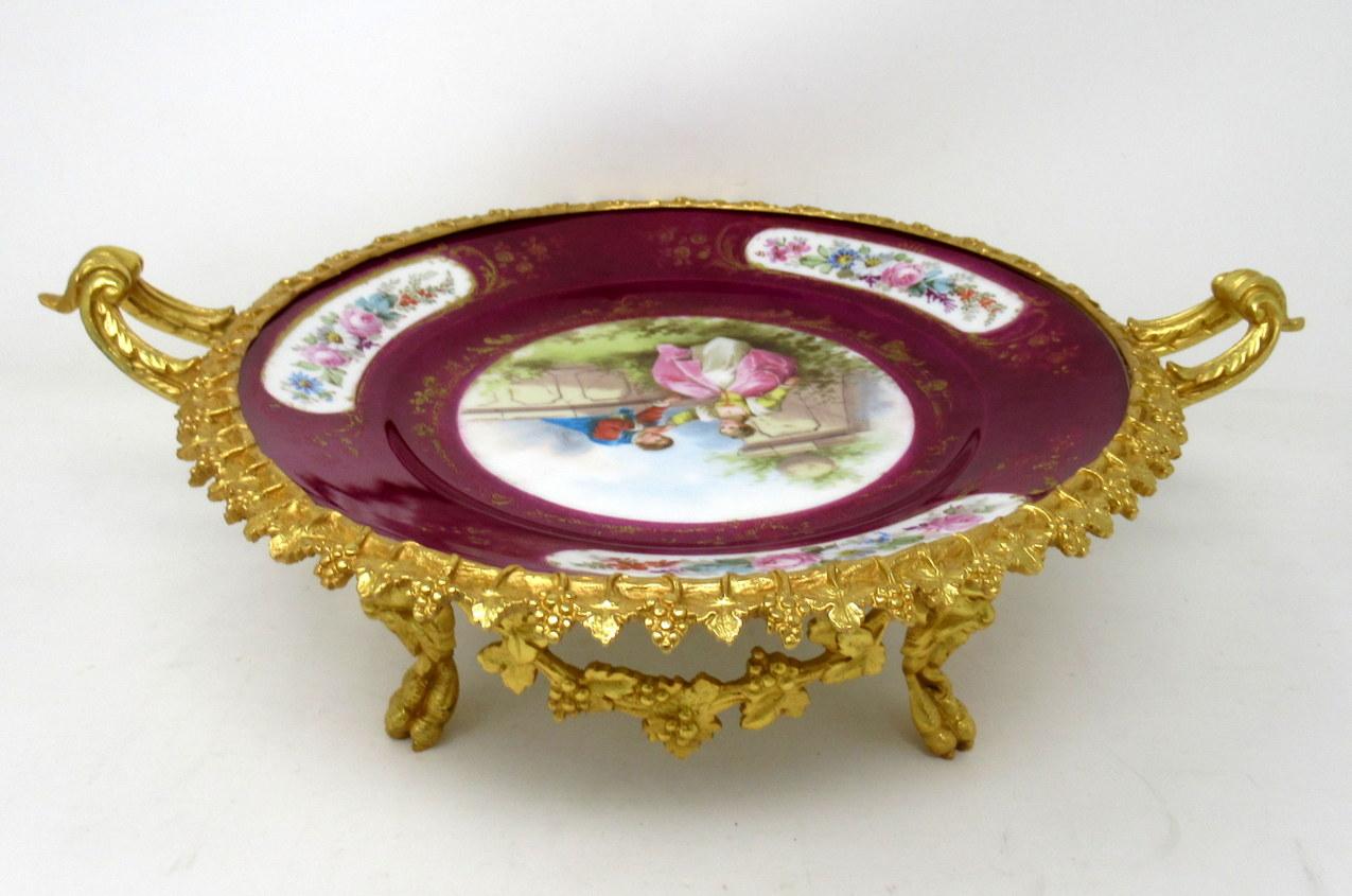 Antique French Sevres Ormolu Gilt Bronze Dore Porcelain Tazza Cabinet Plate Dish In Good Condition In Dublin, Ireland