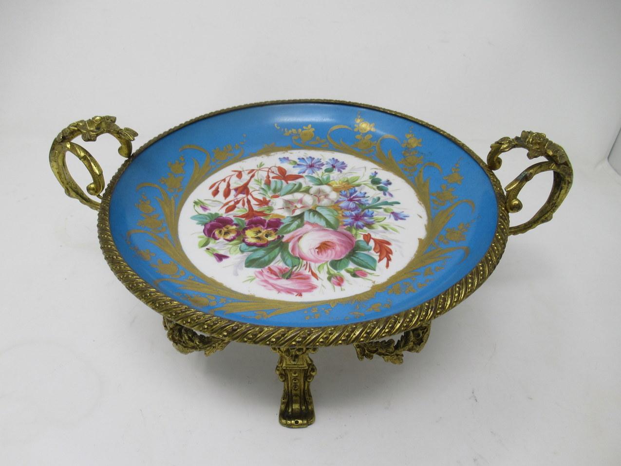 19th Century Antique French Sevres Ormolu Gilt Bronze Dore Porcelain Tazza Cabinet Plate Dish For Sale