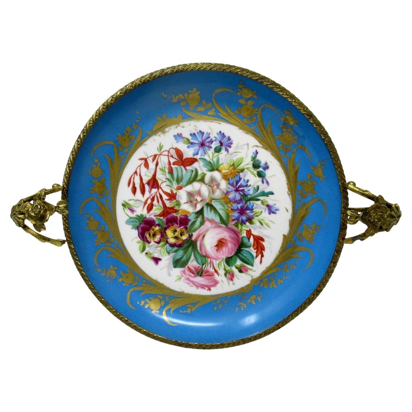 Antique French Sevres Ormolu Gilt Bronze Dore Porcelain Tazza Cabinet Plate Dish