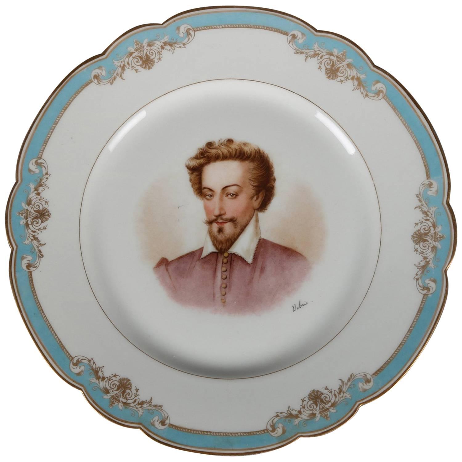 Antique French Sevres Painted and Gilt Porcelain Portrait Plate of Henry IV