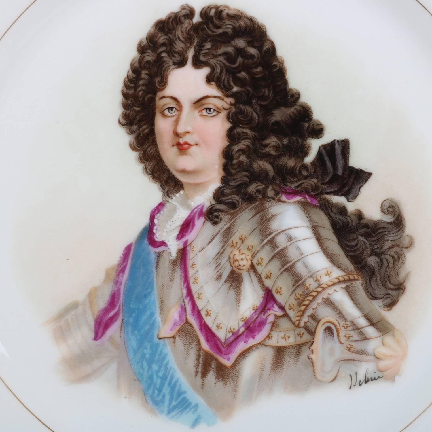 Antique French portrait plate by Sevres for Chateau de St Cloud features well with central artist signed portrait of Louis XIV by Debrie, rim with gilt scalloped edges and decorated with cranberry and gilt, en verso stamped 