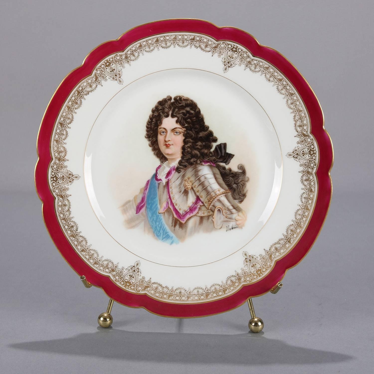 Antique French Sevres Painted and Gilt Porcelain Portrait Plate of Louis XIV In Good Condition In Big Flats, NY