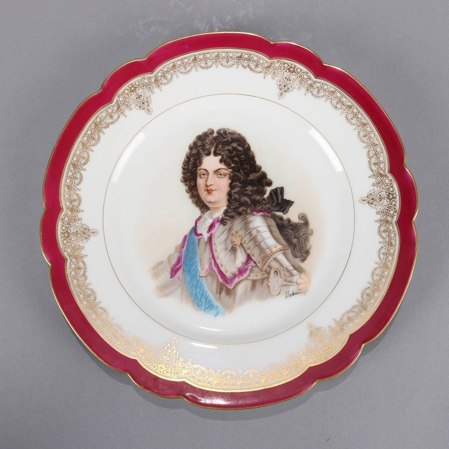Antique French Sevres Painted and Gilt Porcelain Portrait Plate of Louis XIV 3